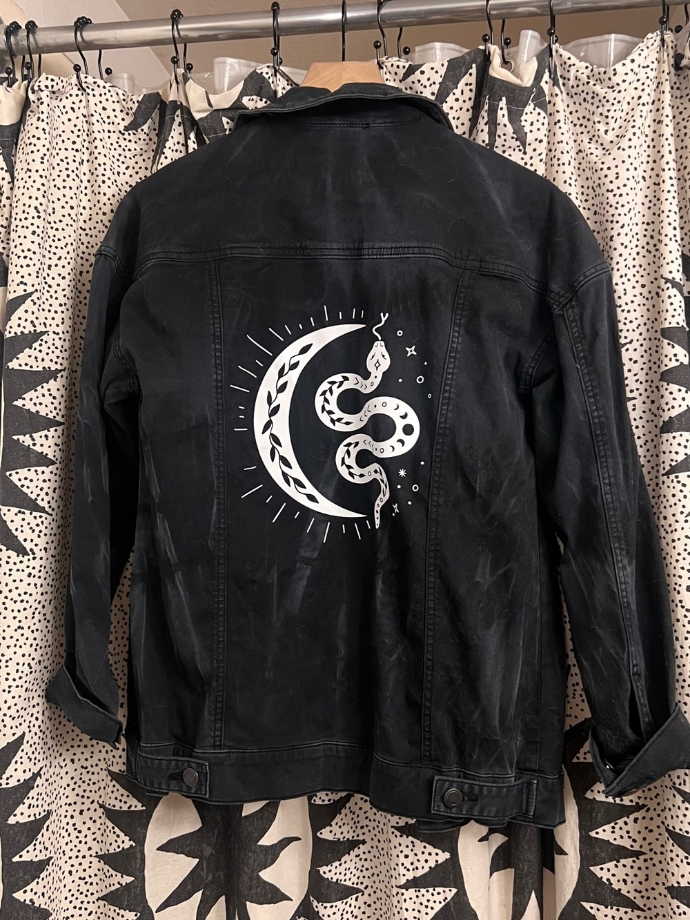 Free People Black Jean Jacket with White Moon & Snake Design